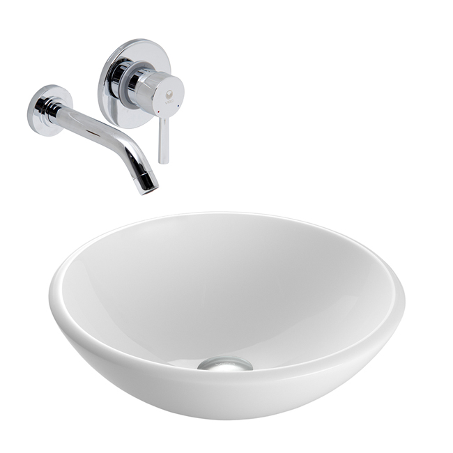 White Phoenix Stone Glass Vessel Sink with Chrome Wall Mount Faucet