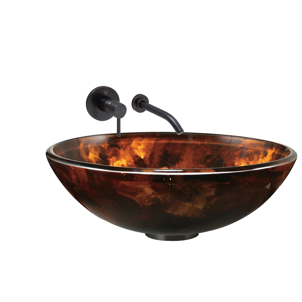 Brown and Gold Fusion Glass Vessel Sink and Olus Wall Mount Faucet Set in Antique Rubbed Bronze