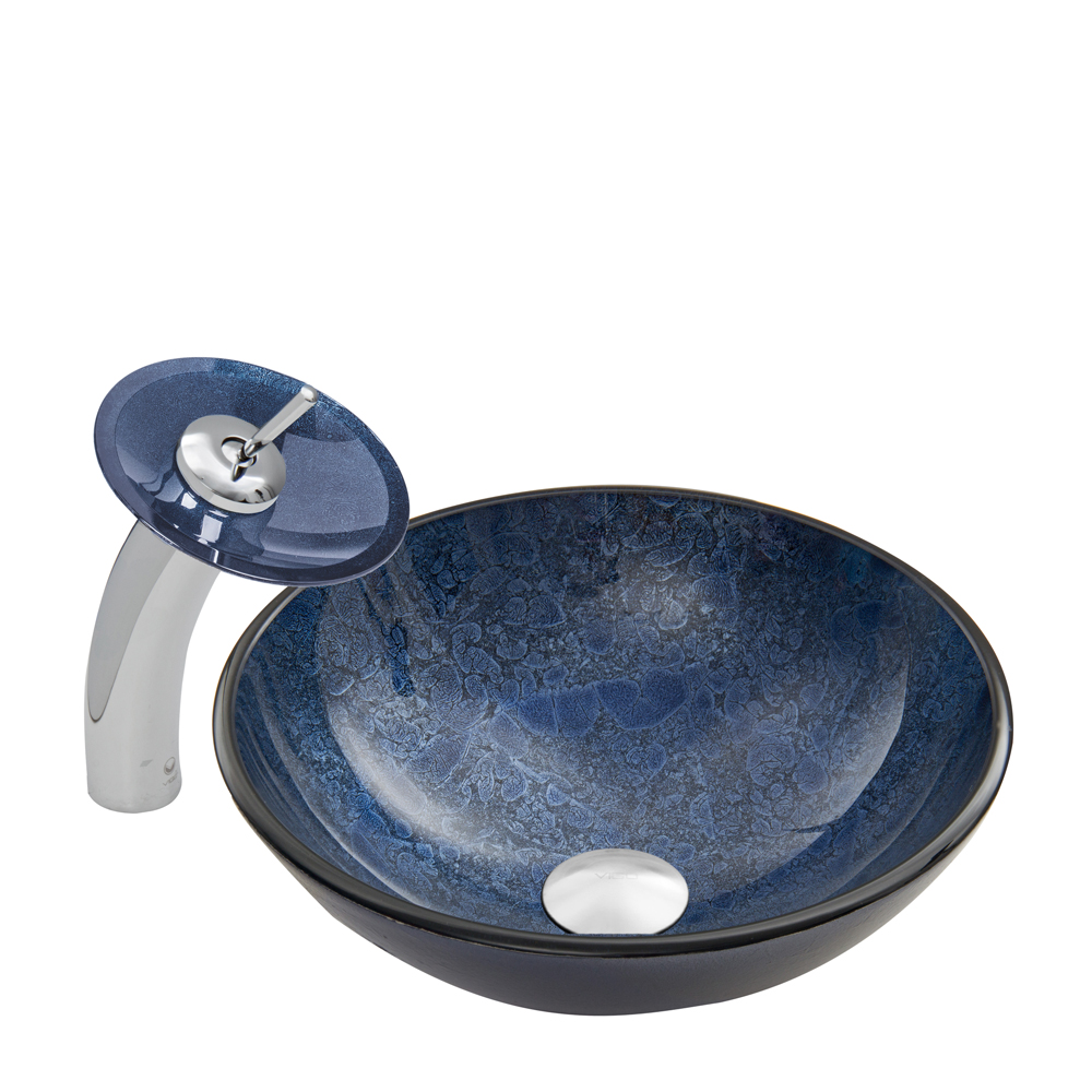 Indigo Eclipse Glass Vessel Sink and Waterfall Faucet Set in Chrome Finish