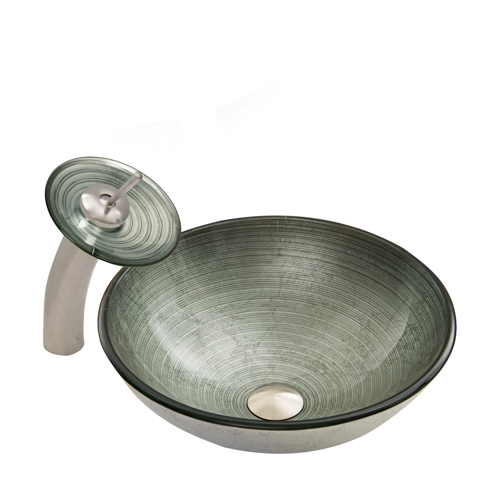 Simply Silver Glass Vessel Sink and Waterfall Faucet Set in Brushed Nickel Finish