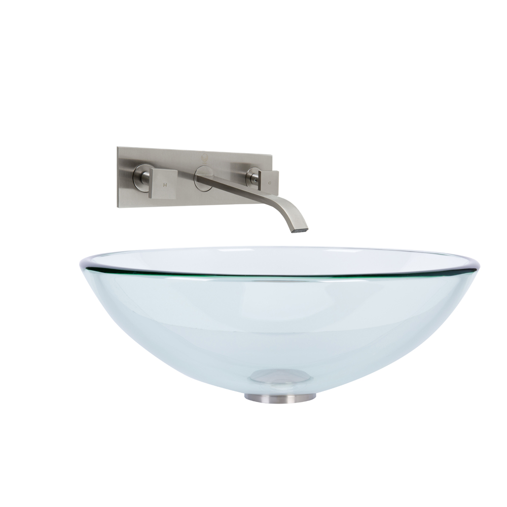 Crystalline Glass Vessel Sink and Titus Wall Mount Faucet Set in Brushed Nickel