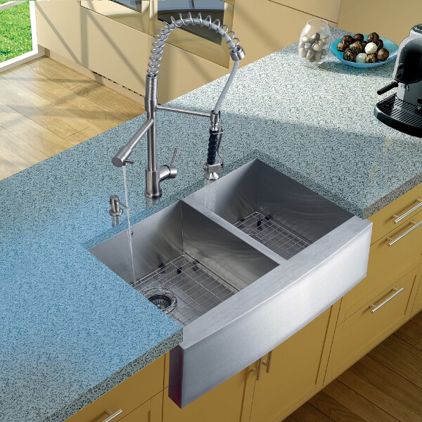 Farmhouse Stainless Steel Kitchen Sink, Faucet, Two Grids, Two Strainers and Dispenser