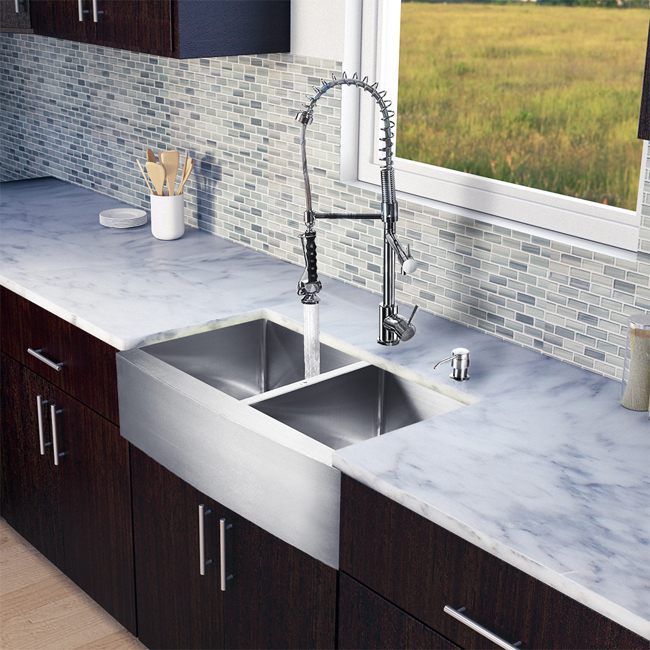 All in One 33-inch Farmhouse Stainless Steel Double Bowl Kitchen Sink and Chrome Faucet Set