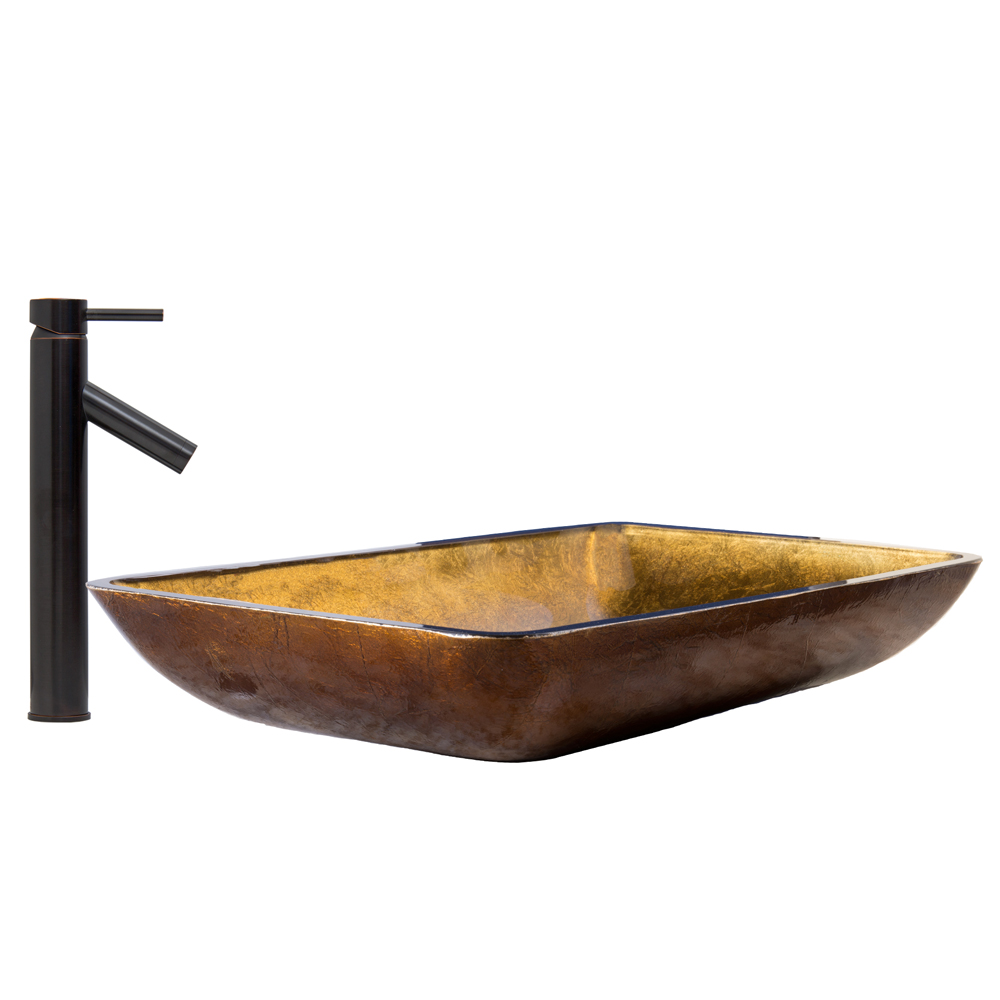 Rectangular Copper Glass Vessel Sink and Dior Faucet Set in Antique Rubbed Bronze