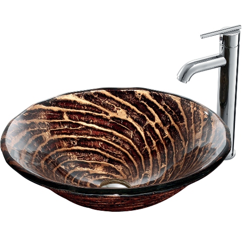 Chocolate Caramel Swirl Glass Vessel Sink and Faucet Set in Chrome