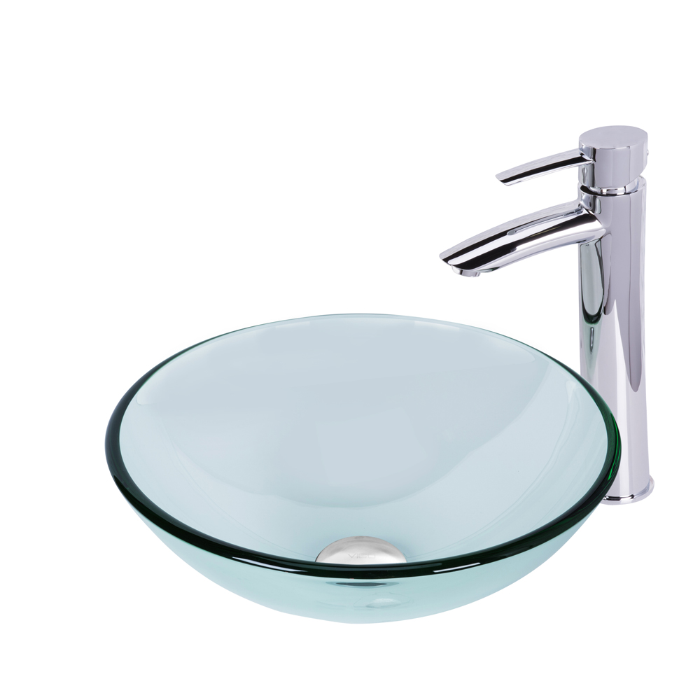 Crystalline Glass Vessel Sink and Shadow Vessel Faucet Set in Chrome
