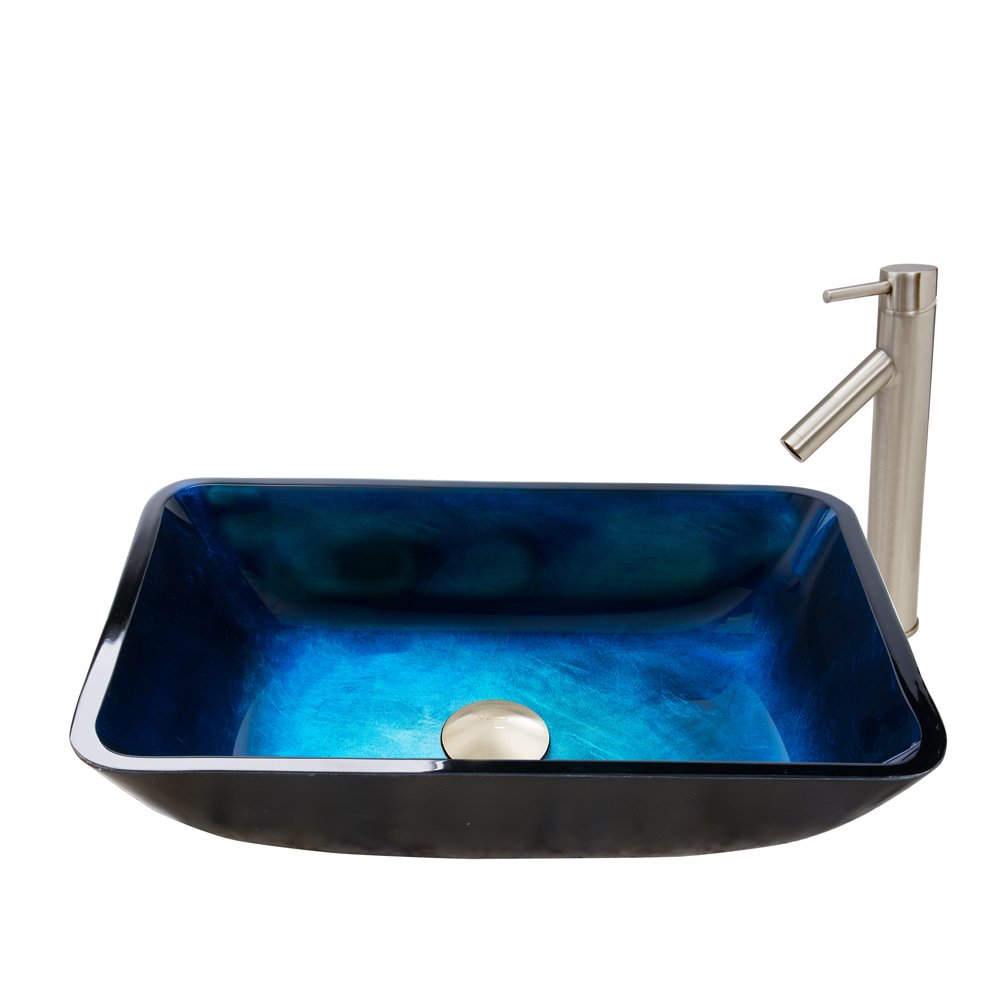 Rectangular Turquoise Water Glass Vessel Sink and Dior Faucet Set in Brushed Nickel