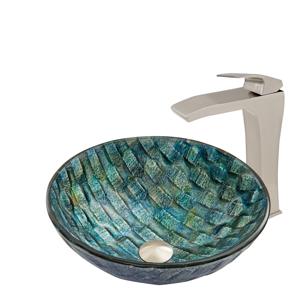 Oceania Glass Vessel Sink and Blackstonian Faucet Set in Brushed Nickel