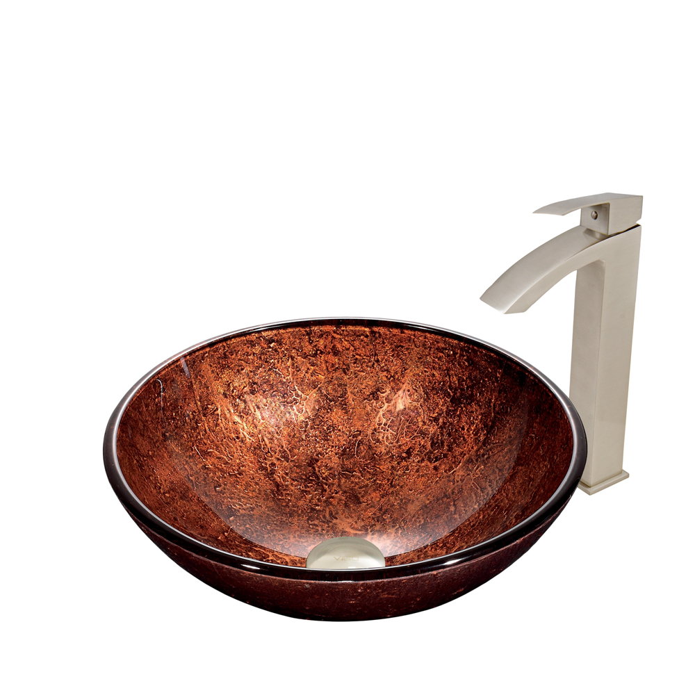 Mahogany Moon Glass Vessel Sink and Duris Faucet Set in Brushed Nickel