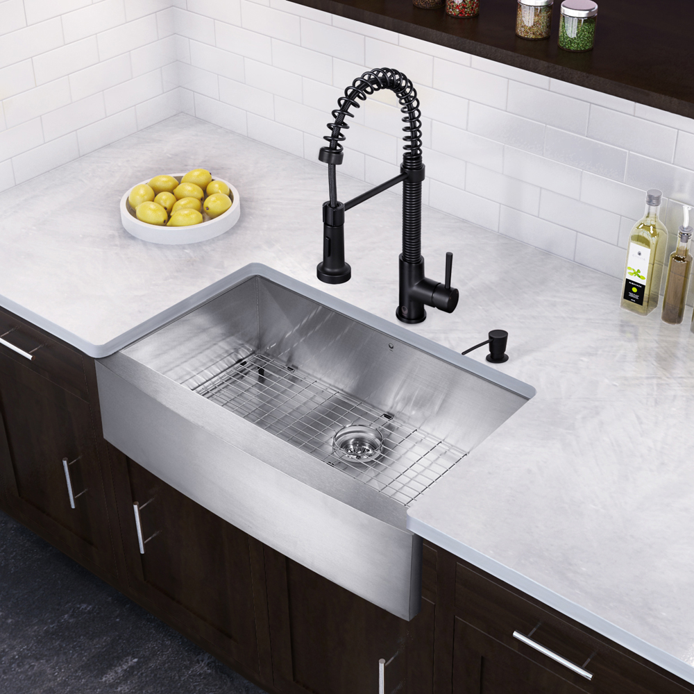 36-inch Farmhouse Stainless Steel 16 Gauge Single Bowl Kitchen Sink and Edison Matte Black Pull-Down Spray Kitchen Faucet