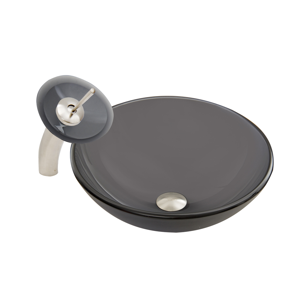 Sheer Black Frosted Glass Vessel Sink and Waterfall Faucet Set in Brushed Nickel Finish