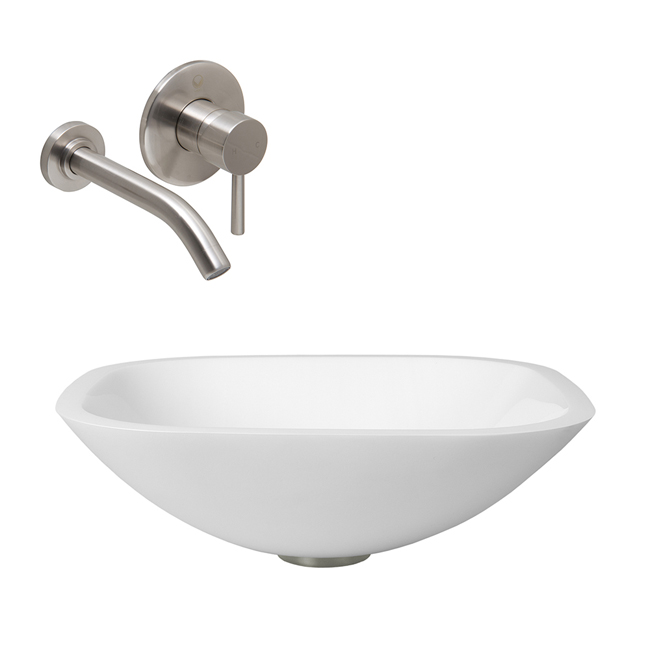 Square Shaped White Phoenix Stone Glass Vessel Sink with Brushed Nickel Wall Mount Faucet