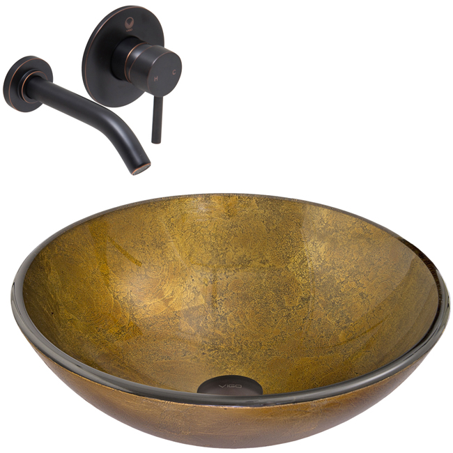 Branco Glass Vessel Sink and Olus Wall Mount Faucet Set in Antique Rubbed Bronze