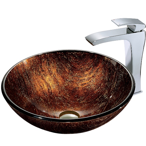 Kenyan Twilight Glass Vessel Sink and Faucet Set in Chrome