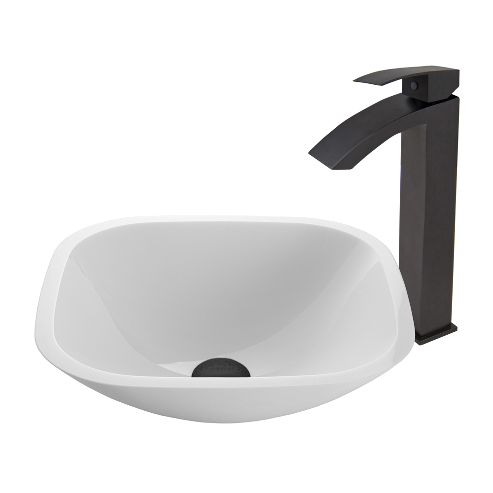 Square Shaped White Phoenix Stone Glass Vessel Sink and Duris Faucet Set in Matte Black