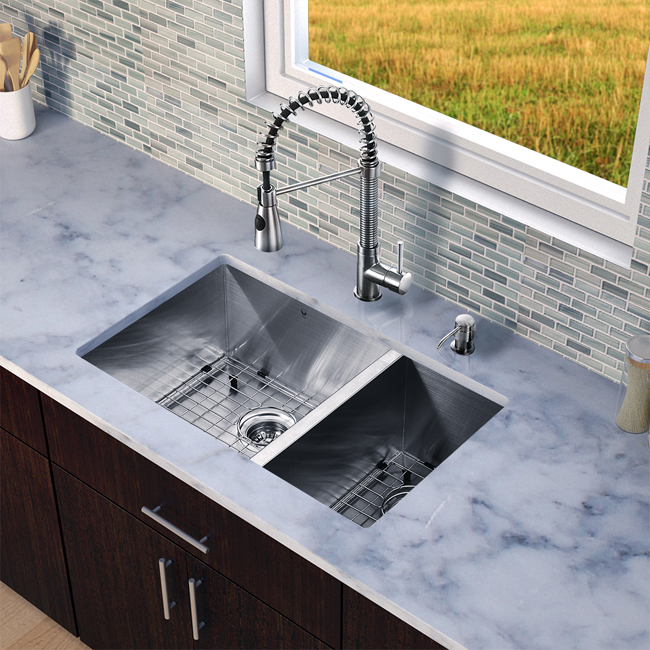 All in One 29-inch Undermount Stainless Steel Double Bowl Kitchen Sink and Faucet Set