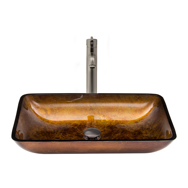Rectangular Russet Glass Vessel Sink and Faucet Set in Brushed Nickel