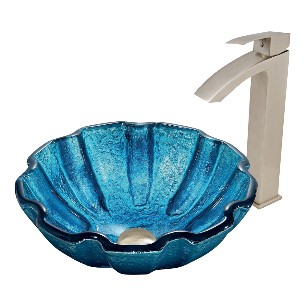 Mediterranean Seashell Glass Vessel Sink and Duris Faucet Set in Brushed Nickel