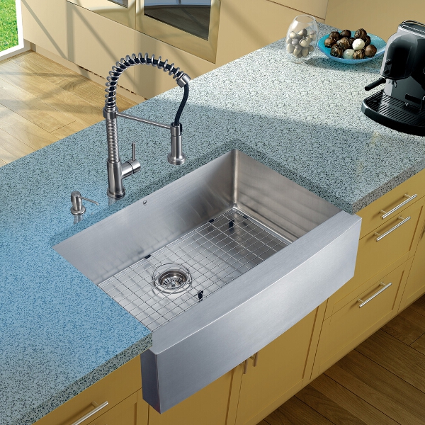 Farmhouse Stainless Steel Kitchen Sink, Faucet, Grid, Strainer and Dispenser