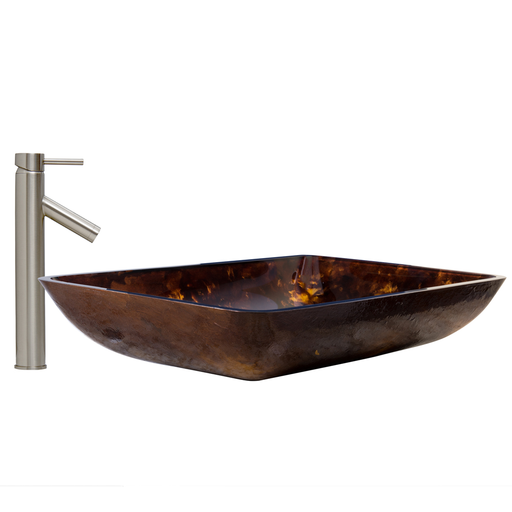 Rectangular Brown and Gold Fusion Glass Vessel Sink and Dior Faucet Set in Brushed Nickel
