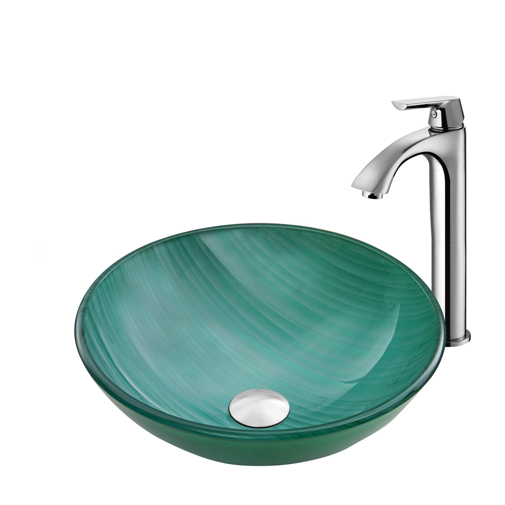 Whispering Wind Glass Vessel Sink and Linus Faucet Set in Chrome