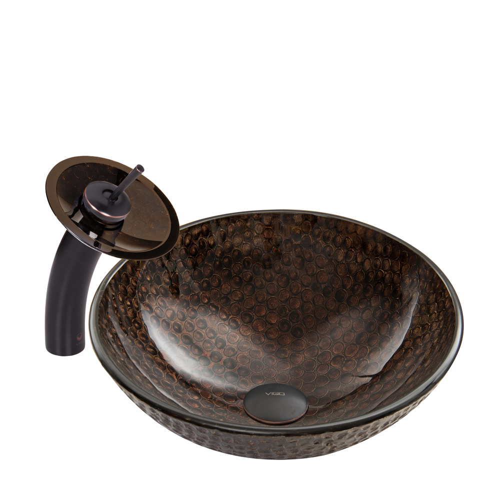 Copper Shield Glass Vessel Sink and Waterfall Faucet Set in Antique Rubbed Bronze Finish