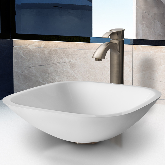 Square Shaped White Phoenix Stone Glass Vessel Sink with Brushed Nickel Faucet