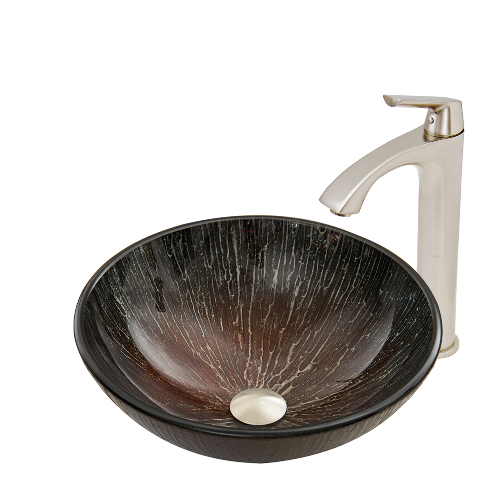 Enchanted Earth Glass Vessel Sink and Linus Faucet Set in Brushed Nickel