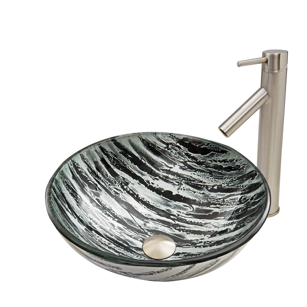 Rising Moon Glass Vessel Sink and Dior Faucet Set in Brushed Nickel