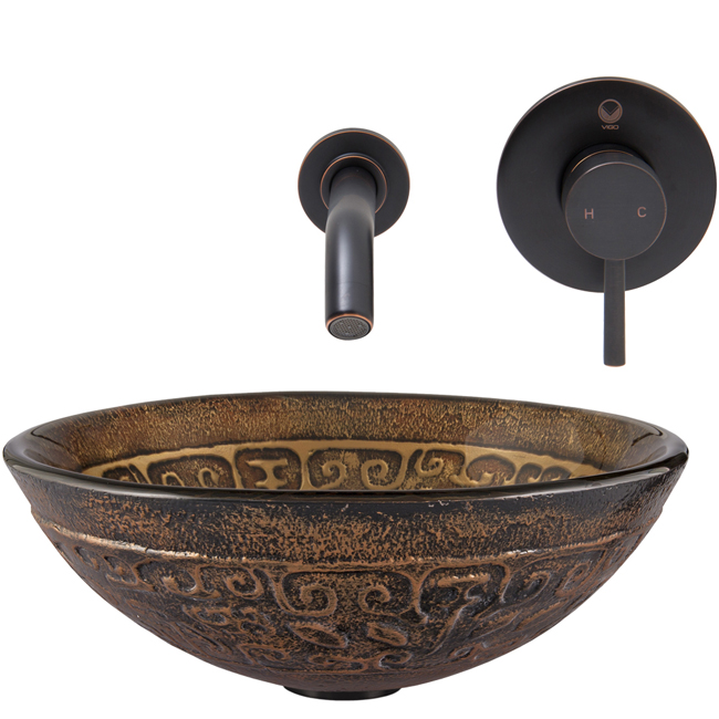 Golden Greek Glass Vessel Sink and Olus Wall Mount Faucet Set in Antique Rubbed Bronze