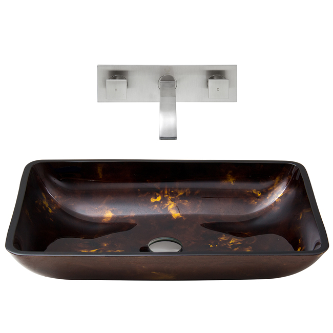 Rectangular Brown and Gold Fusion Glass Vessel Sink and Wall Mount Faucet Set in Brushed Nickel