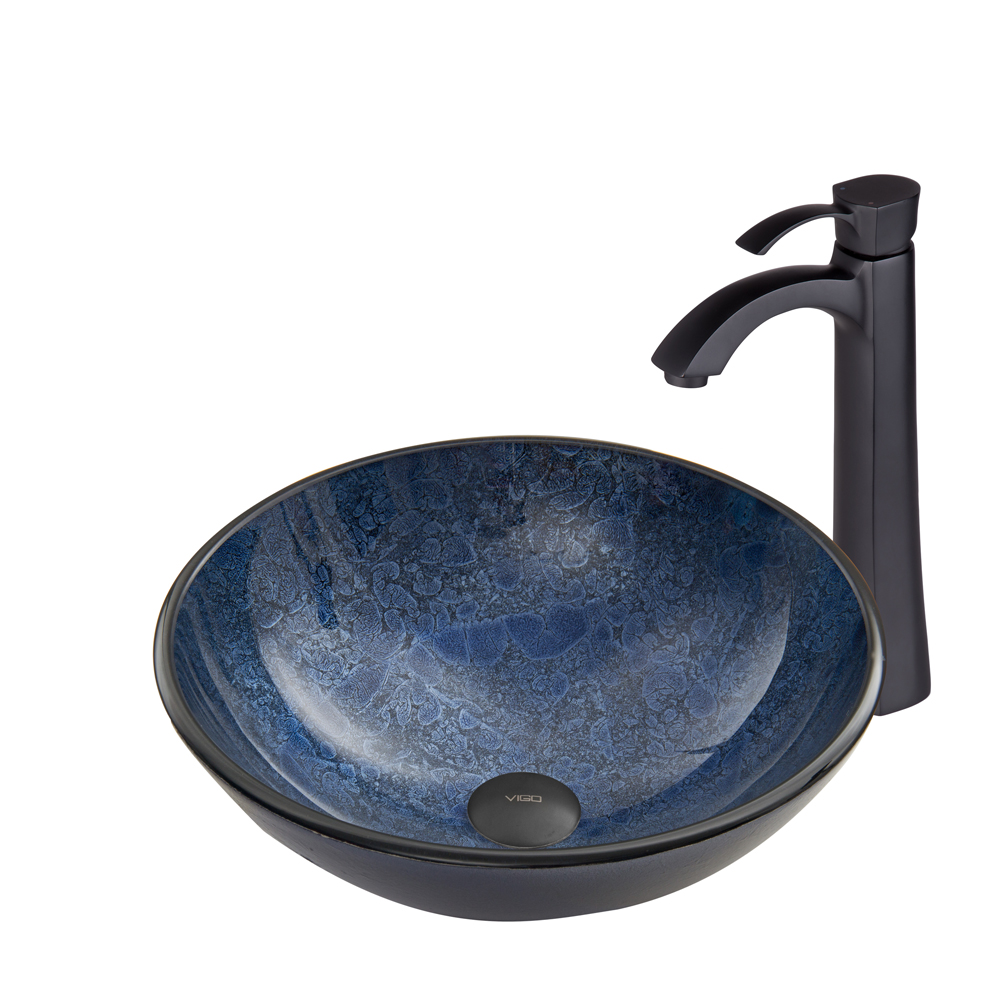 Indigo Eclipse Glass Vessel Sink and Otis Faucet Set in Matte Black