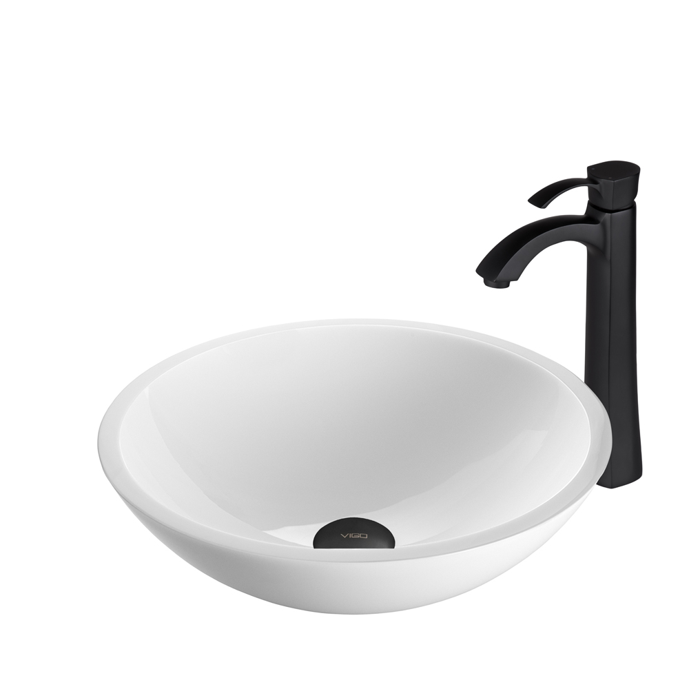 Flat Edged White Phoenix Stone Glass Vessel Sink and Otis Faucet Set in Matte Black