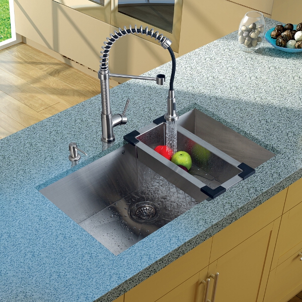 Undermount Stainless Steel Kitchen Sink, Faucet, Colander, Strainer and Dispenser