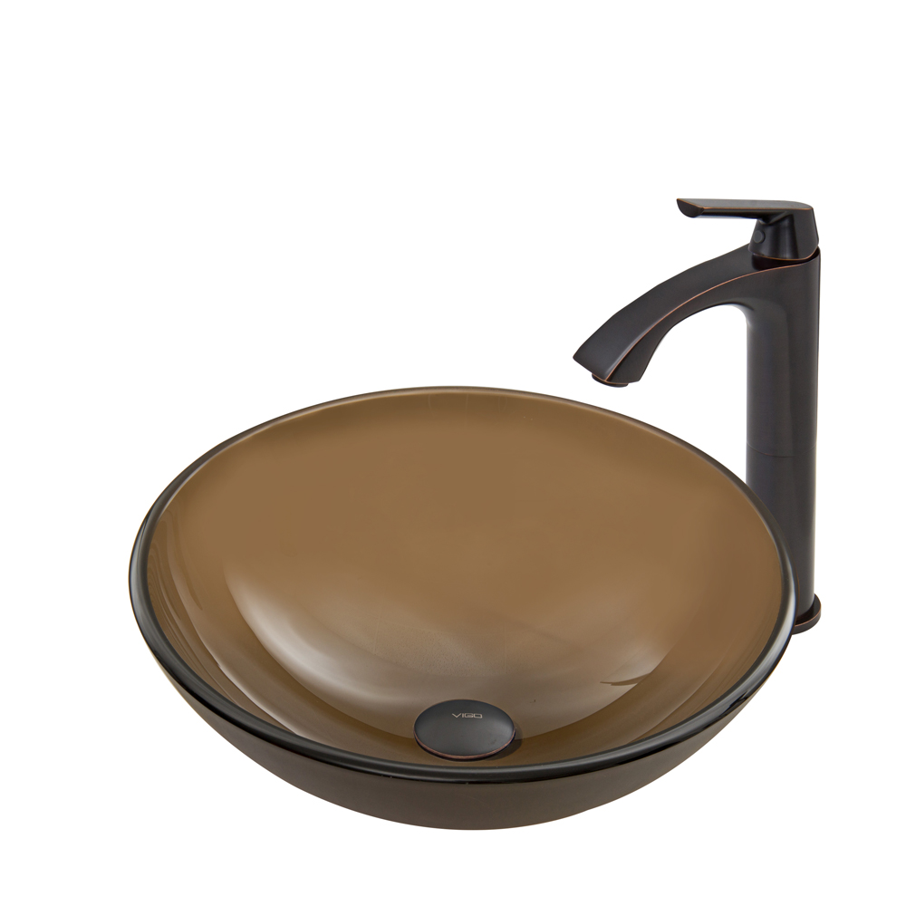Sheer Sepia Glass Vessel Sink and Linus Faucet Set in Antique Rubbed Bronze