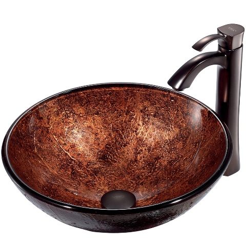 Mahogany Moon Glass Vessel Sink and Faucet Set in Oil Rubbed Bronze
