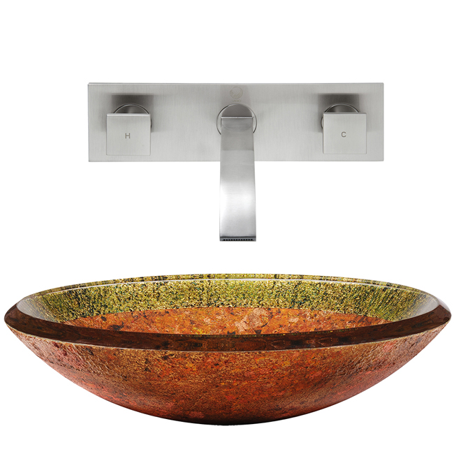 Janus Glass Vessel Sink and Titus Wall Mount Faucet Set in Brushed Nickel