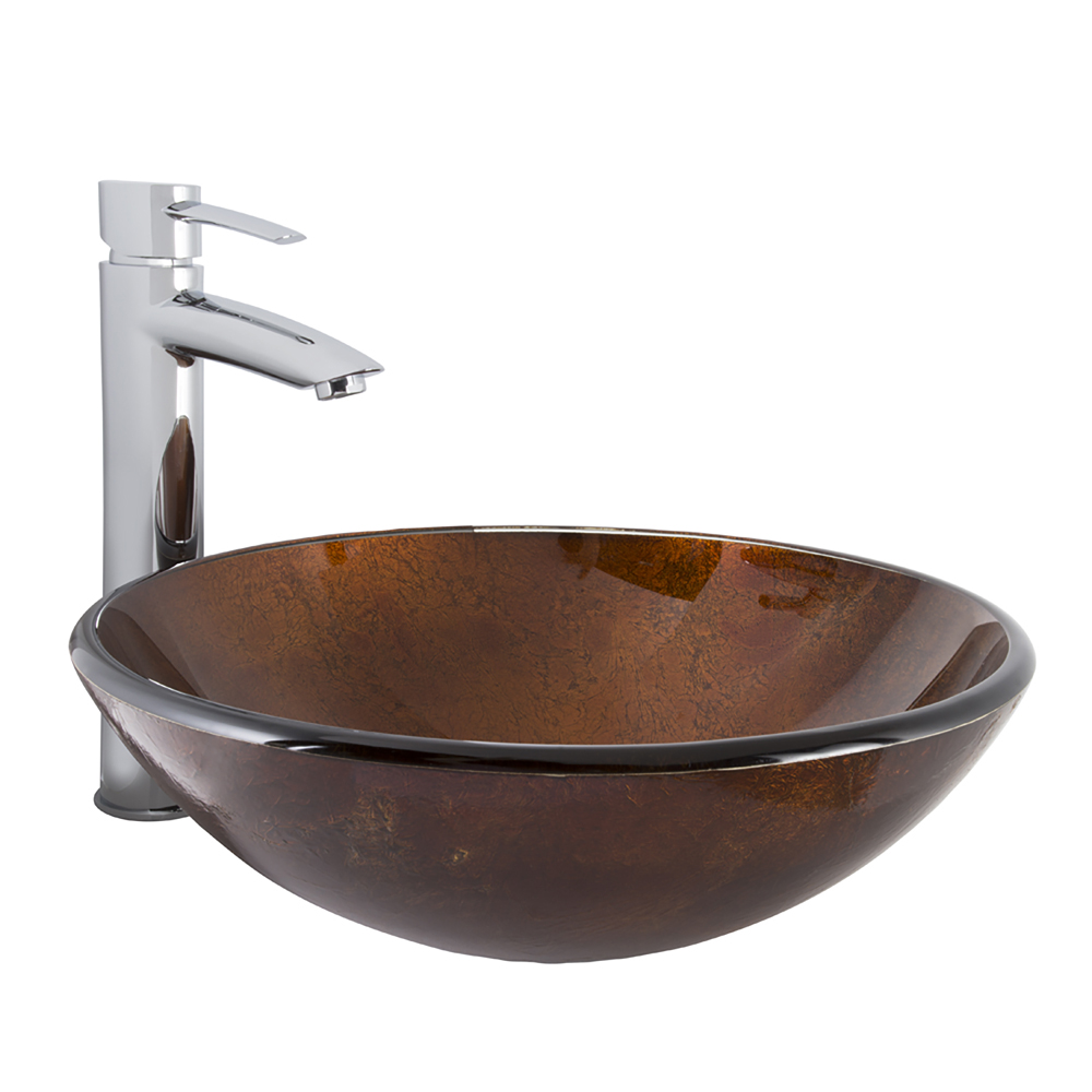 Russet Glass Vessel Bathroom Sink and Shadow Bathroom Vessel Faucet in Chrome