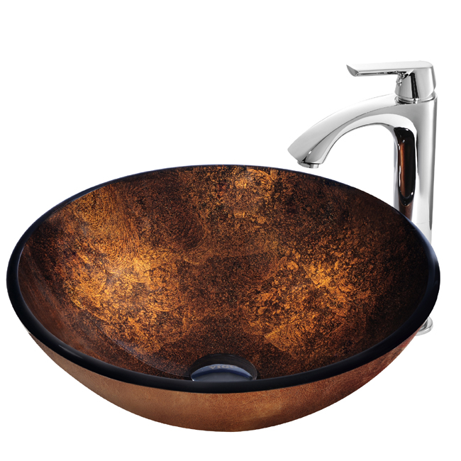 Russet Glass Vessel Sink and Faucet Set in Chrome
