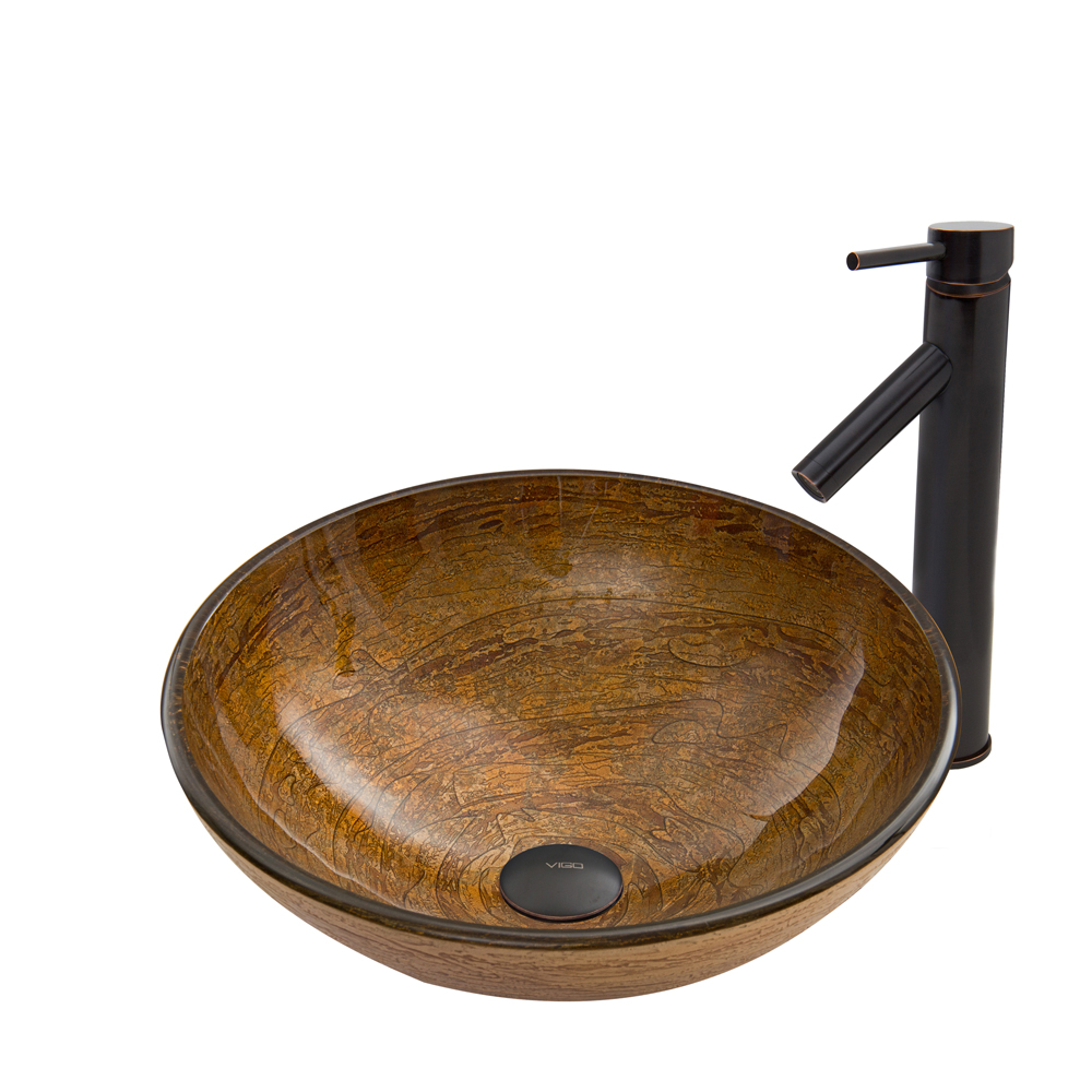 Cappuccino Swirl Glass Vessel Sink and Dior Faucet Set in Antique Rubbed Bronze