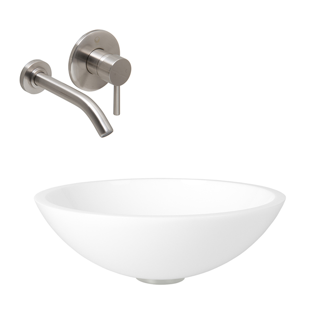 Flat Edged White Phoenix Stone Glass Vessel Sink with Brushed Nickel Wall Mount Faucet