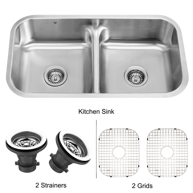 32-inch Undermount Stainless Steel Kitchen Sink, Two Grids and Two Strainers