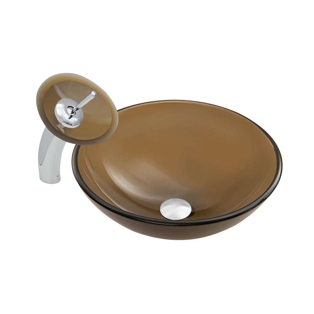 Sheer Sepia Frosted Glass Vessel Sink and Waterfall Faucet Set in Chrome Finish