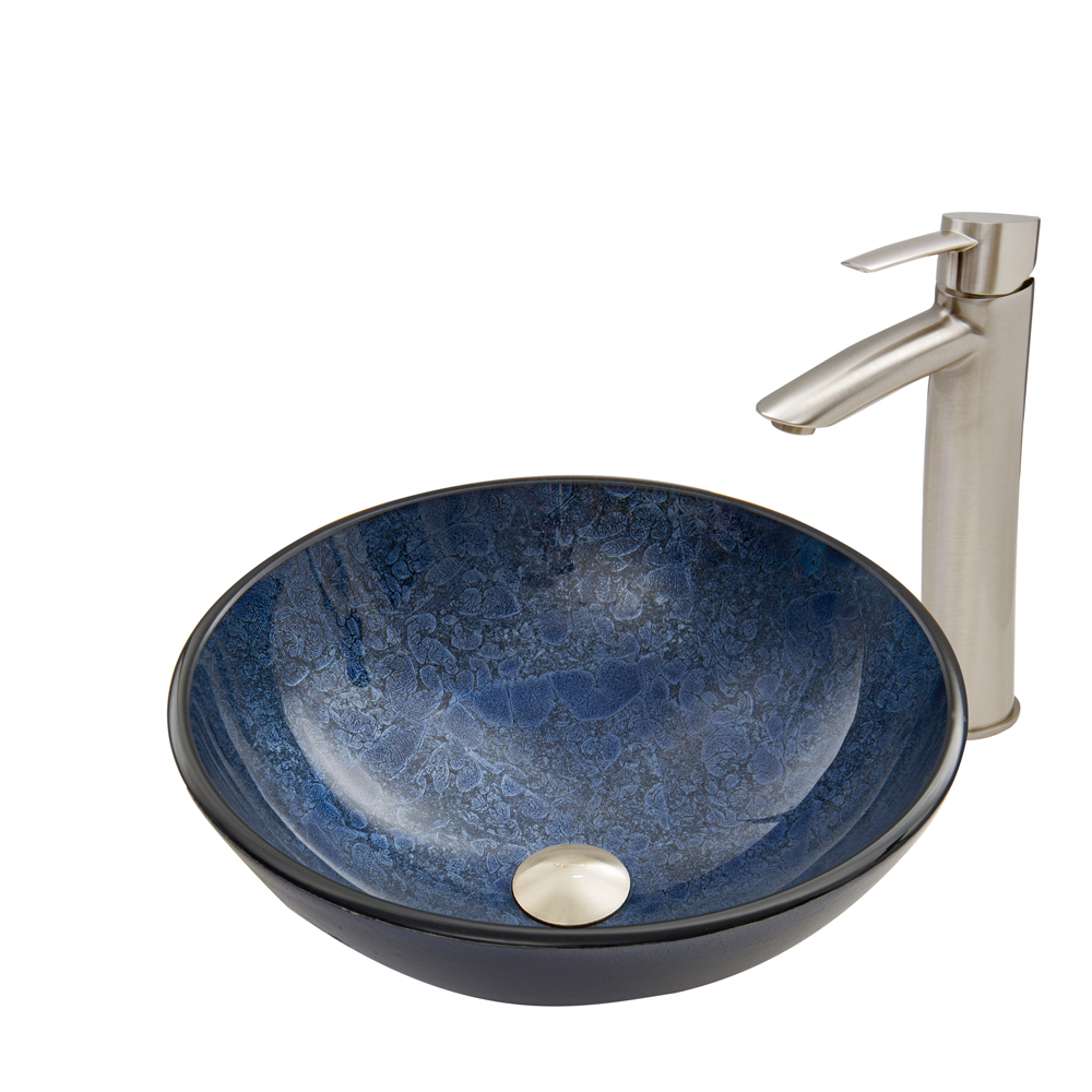Indigo Eclipse Glass Vessel Sink and Shadow Faucet Set in Brushed Nickel
