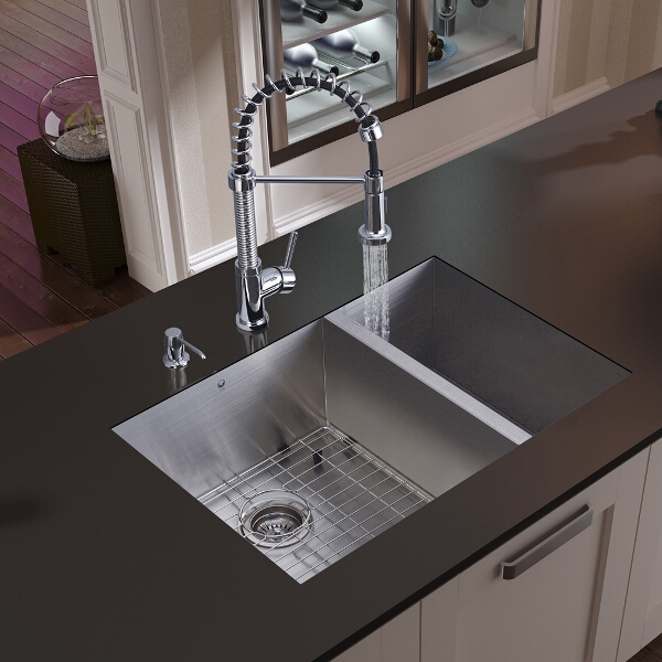 Undermount Stainless Steel Kitchen Sink, Faucet, Two Grids, Two Strainers and Dispenser