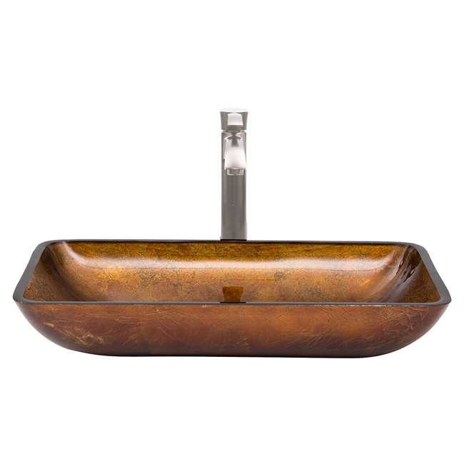 Rectangular Russet Glass Vessel Sink and Otis Faucet Set in Brushed Nickel