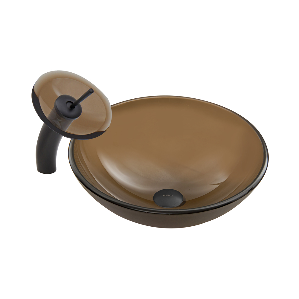 Sheer Sepia Glass Vessel Sink and Waterfall Faucet Set in Matte Black Finish