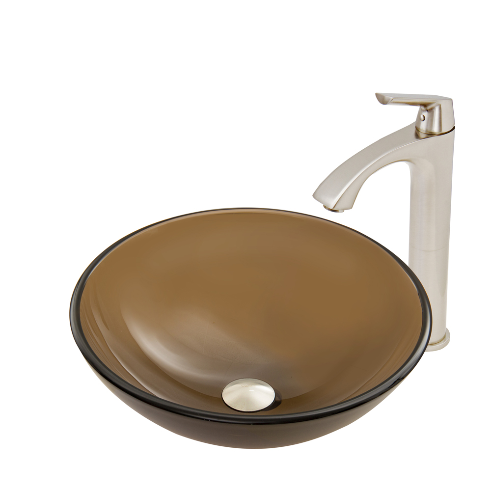 Sheer Sepia Frosted Glass Vessel Sink and Linus Faucet Set in Brushed Nickel