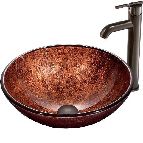 Mahogany Moon Glass Vessel Sink and Faucet Set in Oil Rubbed Bronze