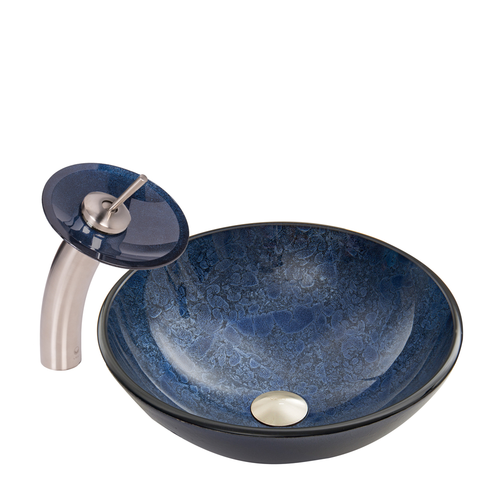 Indigo Eclipse Glass Vessel Sink and Waterfall Faucet Set in Brushed Nickel Finish
